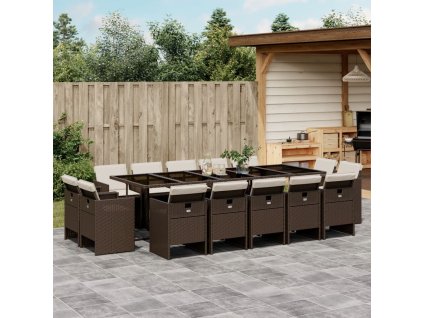 15dílný zahradní jídelní set s poduškami hnědý polyratan 3210693