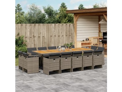 15dílný zahradní jídelní set s poduškami šedý polyratan 3210698