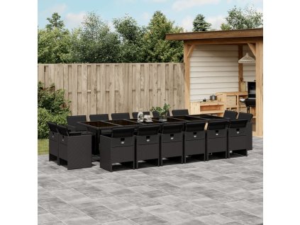 17dílný zahradní jídelní set s poduškami černý polyratan 3210703