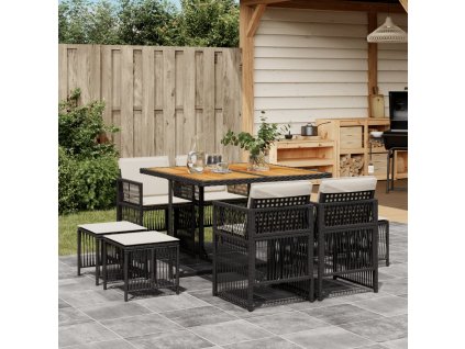 9dílný zahradní jídelní set s poduškami černý polyratan 3210963