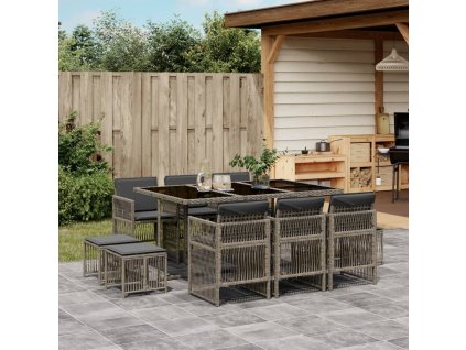 11dílný zahradní jídelní set s poduškami šedý polyratan 3210968