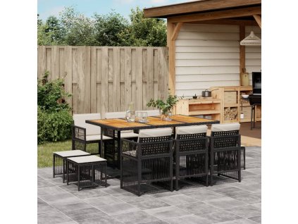 11dílný zahradní jídelní set s poduškami černý polyratan 3210975