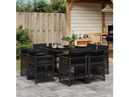 9dílný zahradní jídelní set s poduškami černý polyratan 3211015