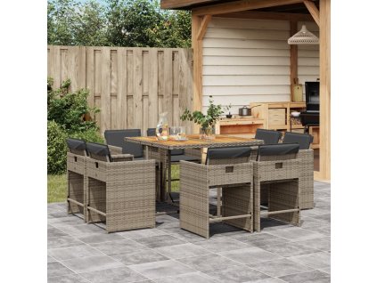 9dílný zahradní jídelní set s poduškami šedý polyratan 3211202