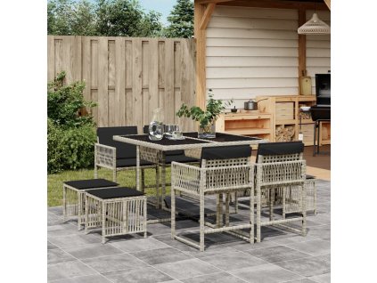 9dílný zahradní jídelní set s poduškami světle šedý polyratan 3211499