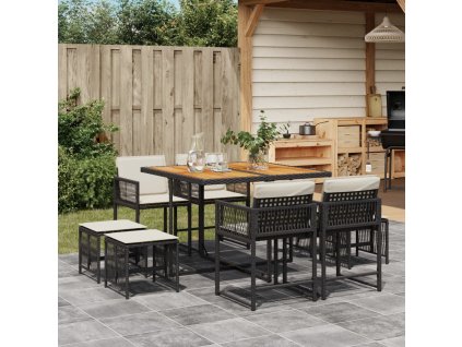 9dílný zahradní jídelní set s poduškami černý polyratan 3211503