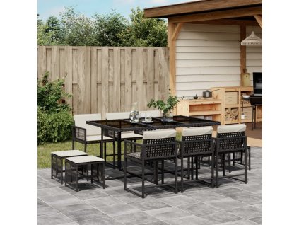 11dílný zahradní jídelní set s poduškami černý polyratan 3211506