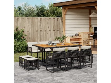 11dílný zahradní jídelní set s poduškami černý polyratan 3211515
