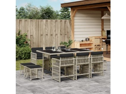11dílný zahradní jídelní set s poduškami světle šedý polyratan 3211691