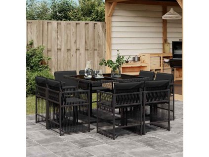 9dílný zahradní jídelní set s poduškami černý polyratan 3211735