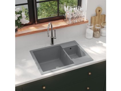 Kuchyňský dřez s přepadem otvorem dvojitý šedý žula 147086