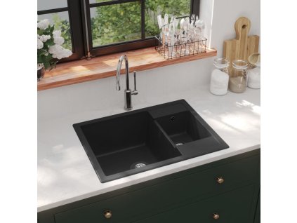 Kuchyňský dřez s přepadem otvorem dvojitý černý žula 147085