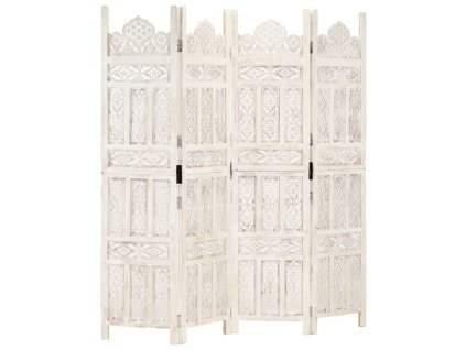 Ručně vyřezávaný 4dílný paraván bílý 160x165 masivní mangovník 285319