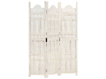Ručně vyřezávaný 3dílný paraván bílý 120x165 masivní mangovník 285318