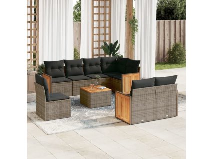 9dílná zahradní sedací souprava s poduškami šedá polyratan 3227852