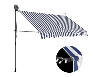 Ručně zatahovací markýza s LED světlem 300 cm modrobílá 145845