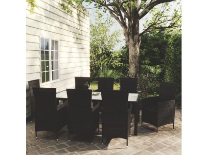 9dílný zahradní jídelní set s poduškami polyratan černý 3094870