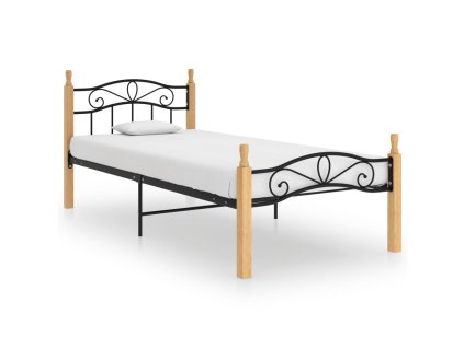 Rám postele černý kov a masivní dubové dřevo 100 x 200 cm 324912