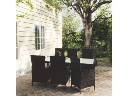 7dílný zahradní jídelní set s poduškami polyratan černý 3094829