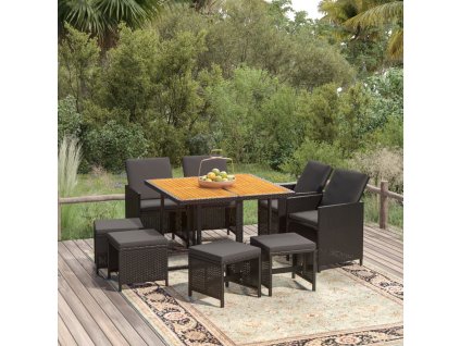 9dílný zahradní jídelní set s poduškami polyratan černý 3095523