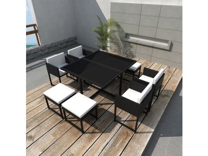 9dílný zahradní jídelní set s poduškami polyratan černý 42759