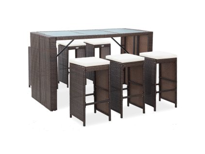 7dílný zahradní barový set s poduškami polyratan hnědý 49559