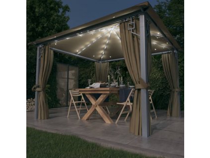 Altán se závěsy a světelnými LED řetězy 3 x 3 m taupe hliník 3070334