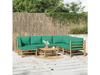 8dílná zahradní sedací souprava se zelenými poduškami bambus 3155159