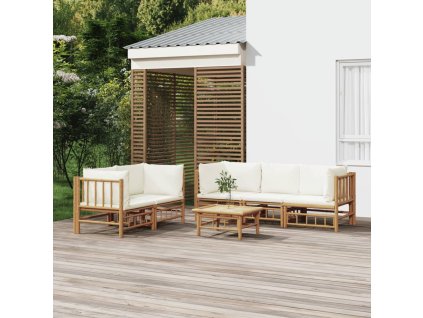 6dílná zahradní sedací souprava krémově bílé podušky bambus 3155186