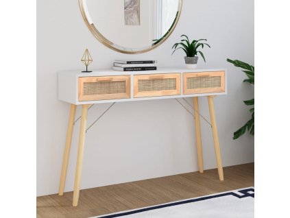 Konzolový stolek bílý 105x30x75 cm borovice a přírodní ratan