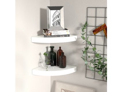 Plovoucí rohové police 2 ks, vysoce lesklé bílé, 25 x 25 x 3,8 cm, MDF 323887