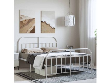 Kovový rám postele s hlavovým a nožním čelem bílý 135 x 190 cm 353701