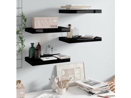 Plovoucí nástěnné police 4 ks lesklé černé 40 x 23 x 3,8 cm MDF 323765