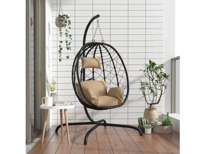 Závěsné křeslo ve tvaru vejce s polštářem, taupe, polyratan a ocel 360047