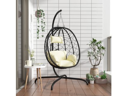 Závěsné křeslo ve tvaru vejce s polštářem krémově bílé polyratan a ocel 360046