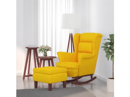 Houpací křeslo s dřevěnými nohami a stoličkou žluté samet