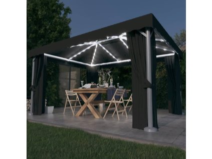 Altán se závěsy a světelnými LED řetězy 4 x 3 m antracitový 3070355