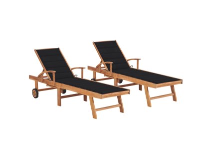 Zahradní lehátka 2 ks s černou poduškou masivní teak 3073193