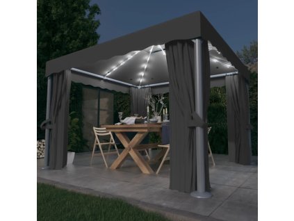 Altán se závěsy a světelnými LED řetězy 3 x 3 m antracitový 3070347
