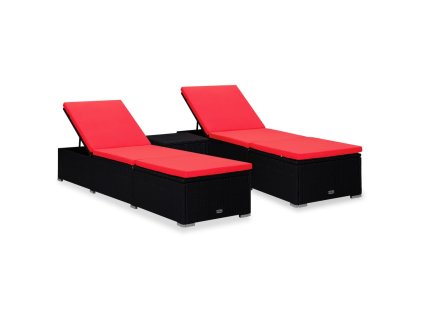 3dílná zahradní lehátka s čajovým stolkem polyratan černá 3057667