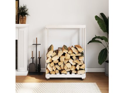 Stojan na dřevo na kolečkách bílý 76,5x40x108 cm masiv borovice 832326