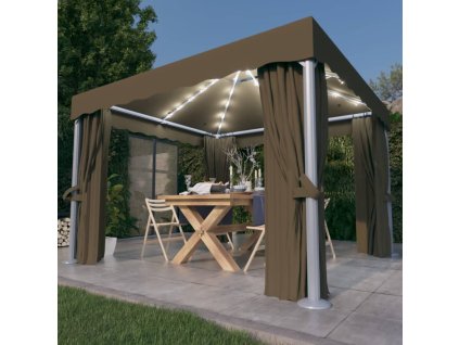 Altán se závěsy a světelnými LED řetězy 3 x 3 m taupe 3070349