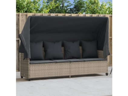 Zahradní lehátko se stříškou a poduškami světle šedé polyratan 368358