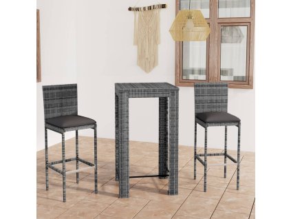 3dílný venkovní barový set s poduškami polyratan šedý 3064793