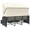 Zahradní pohovka 3místná se stříškou a taburety černá polyratan 365453