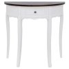 Bílý půlkruhový konzolový stolek se zásuvkou a hnědou deskou 241531