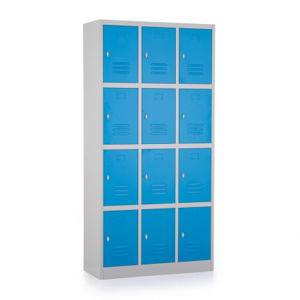 Kovová šatní skříňka - 12 boxů, 90 x 40 x 185 cm, otočný zámek, modrá - ral 5012