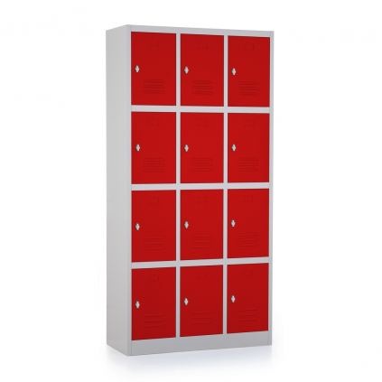 Kovová šatní skříňka - 12 boxů, 90 x 40 x 185 cm, otočný zámek, červená - ral 3000