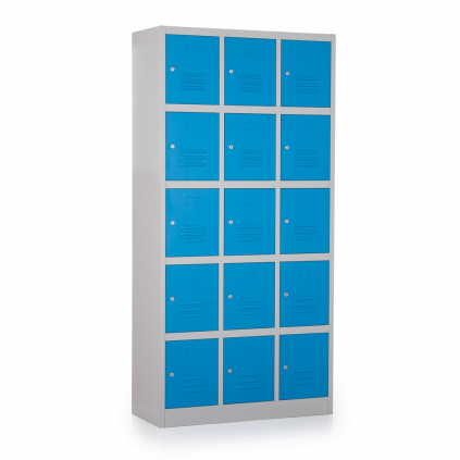 Kovová šatní skříňka - 15 boxů, 90 x 40 x 185 cm, cylindrický zámek, modrá - ral 5012