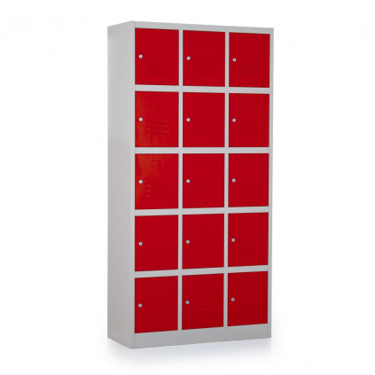 Kovová šatní skříňka - 15 boxů, 90 x 40 x 185 cm, cylindrický zámek, červená - ral 3000